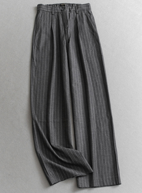 通勤风半松紧腰竖条纹宽松直筒裤职场风西裤百搭女裤休闲长裤Q411