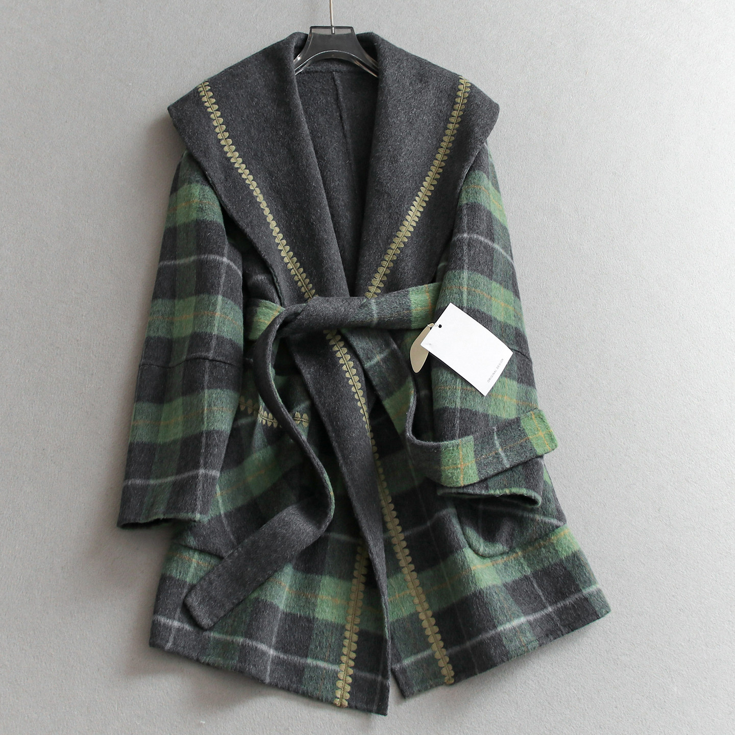 格纹两面穿双面呢长款羊毛大衣女