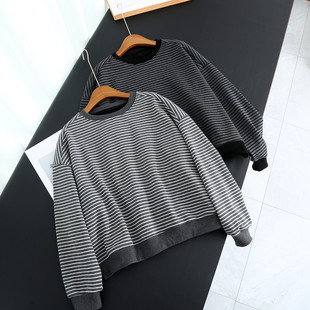 撞色条纹加绒加厚宽松显瘦圆领韩系复古休闲长袖 卫衣M744 套头女装
