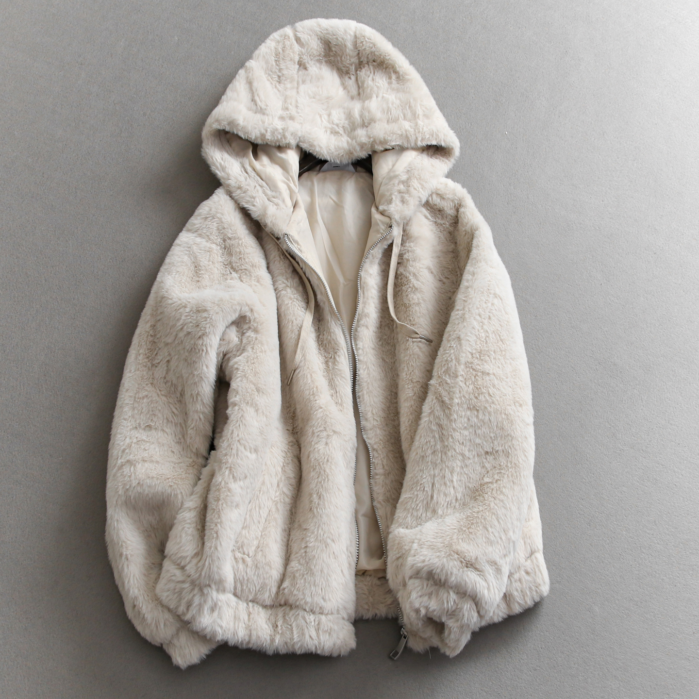 人造长毛绒连帽纯色宽松女外套