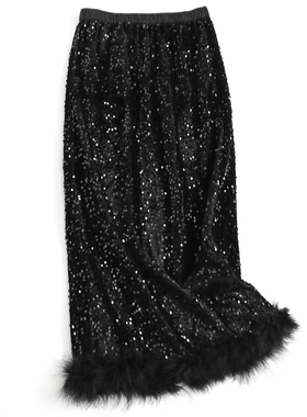 闪闪的亮片毛毛拼接高腰修身丝绒一步裙女长裙子高级感半身裙J169