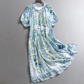 短袖 蓝色碎花舒适透气宽松显瘦系带领2025夏季 新款 女裙连衣裙C622