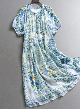 蓝色碎花舒适透气宽松显瘦系带领2025夏季新款短袖女裙连衣裙C622