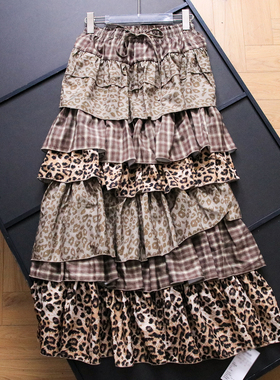 豹纹抽绳松紧腰舒适包容复古混搭蛋糕裙2025秋季新款女半身裙B490