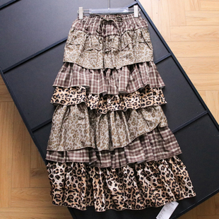 豹纹抽绳松紧腰舒适包容复古混搭蛋糕裙2025秋季 女半身裙B490 新款