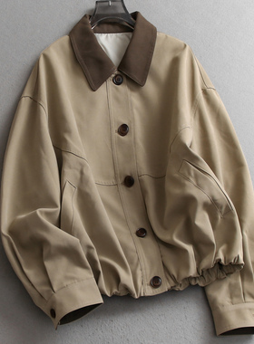 撞色拼接翻领宽松显瘦气质花苞型2025秋季新款长袖女装短外套V455