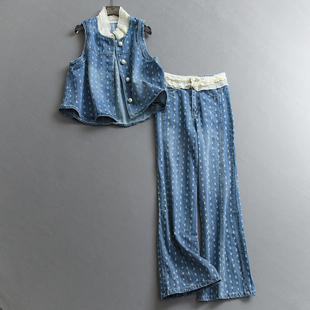 W919 一整套女套装 蕾丝拼接假两件磨破珍珠扣牛仔马甲微喇裤 牛仔裤