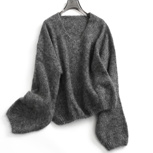 灰色宽松显瘦慵懒V领2024冬长袖 百搭女套头毛衣G066 针织显瘦短款