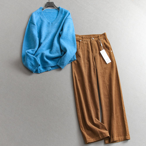 套头长袖毛衣灯芯绒休闲裤套装
