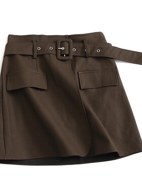 纯色系腰带显瘦修身假口袋a字裙显个高短裙包臀裙半身裙皮裙F410