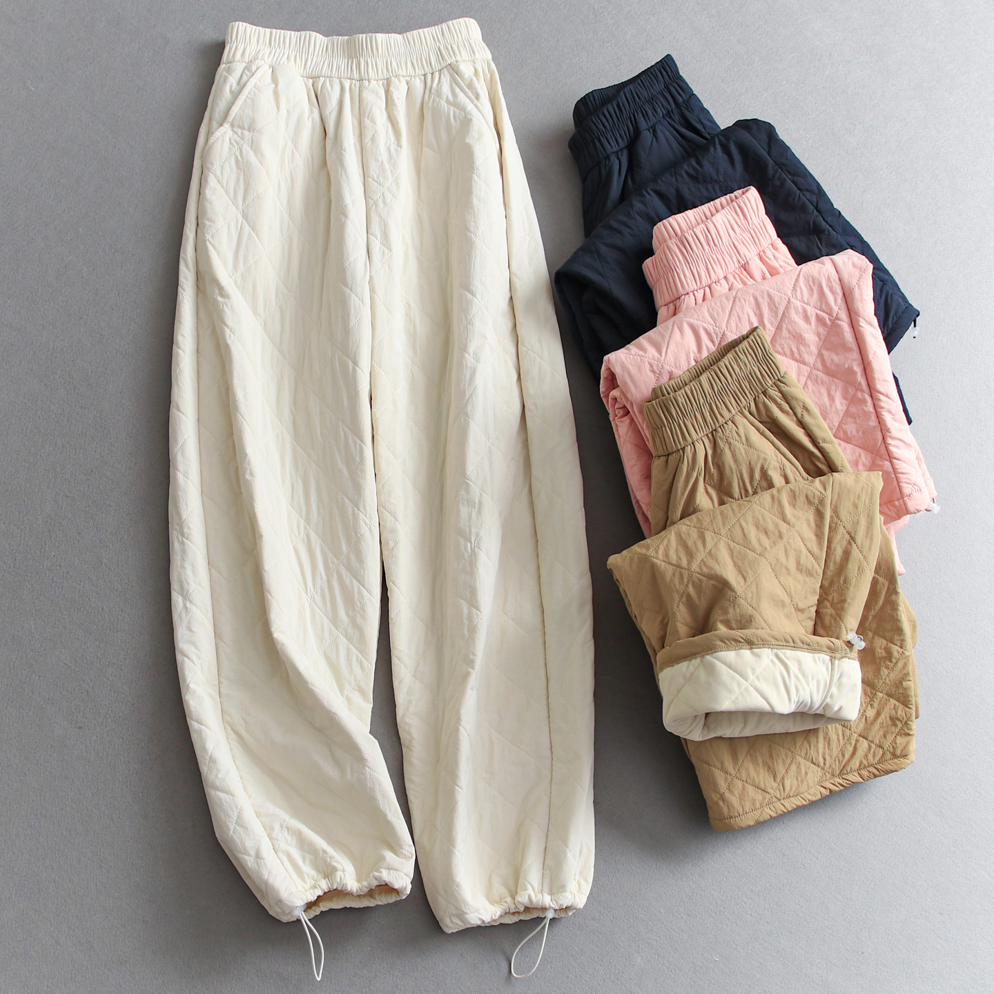 羊毛填充抗寒保暖菱格绗缝休闲裤