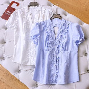 减龄女衬衫 泡泡短袖 W789 2026夏新款 蓝色条纹木耳花边V领显瘦修身