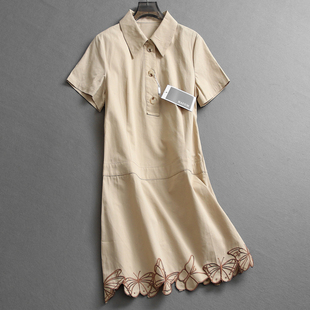 女裙连衣裙短裙L644 裙通勤休闲短袖 蝴蝶刺绣裙摆显瘦修身 翻领衬衫