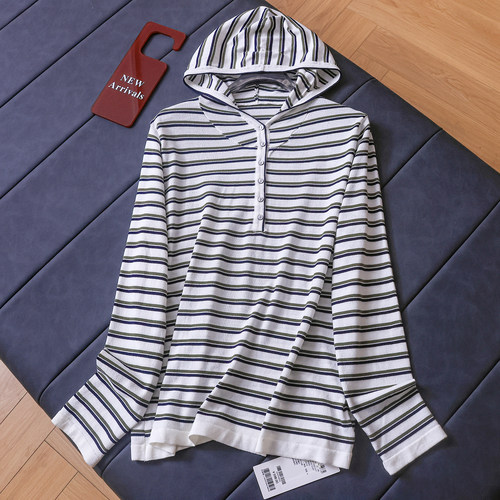 撞色条纹宽松显瘦连帽女针织衫