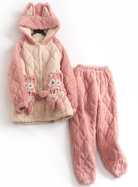 卡通减龄甜美珊瑚绒加厚三层夹棉连帽两件套睡衣女家居服套装H980