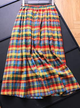 多巴胺彩色格纹松紧腰磨毛加厚小个子百褶裙中长款女裙半身裙M365