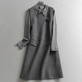 镂空蕾丝拼接翻领套头长袖 T恤背心裙两件套女裙套装 连衣裙子Q569