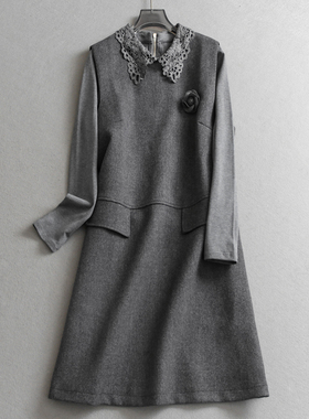 镂空蕾丝拼接翻领套头长袖T恤背心裙两件套女裙套装连衣裙子Q569