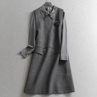 镂空蕾丝拼接翻领套头长袖 连衣裙子Q569 T恤背心裙两件套女裙套装