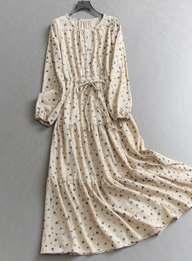 小雏菊灯芯绒圆领泡泡袖抽绳宽松长款女裙衬衫裙法式连衣裙子M814