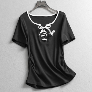 通勤百搭短袖 新款 女T恤X940 圆领2025夏季 撞色蝴蝶结系带显瘦修身