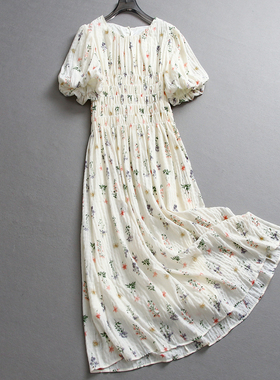 碎花缩褶松紧收腰显瘦修身圆领灯笼袖a字长裙短袖女裙连衣裙Z056