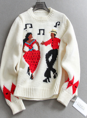 撞色卡通提花复古慵懒风圆领毛衣2025冬季新款长袖女装针织衫Q130