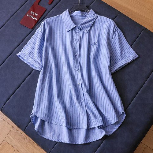 条纹刺绣宽松显瘦翻领休闲女衬衫