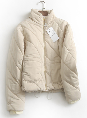 F632纯色口袋立领拉链外套冬季新款2022长袖百搭休闲女装棉衣棉服