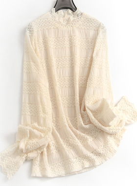 纯色磨毛法式钩花内搭打底衫上衣半高领长袖气质感淑女蕾丝衫J290