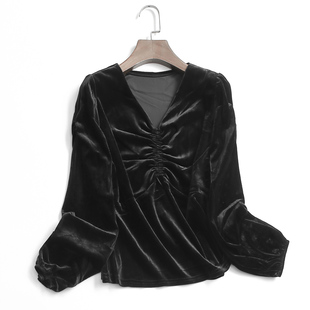 2022通勤气质女衬衫 T060纯色褶皱V领显瘦金丝绒长袖 上衣秋冬新款