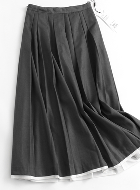 拼色垂感高腰显瘦百褶裙A字裙2024秋季长裙伞裙气质女半身裙F443