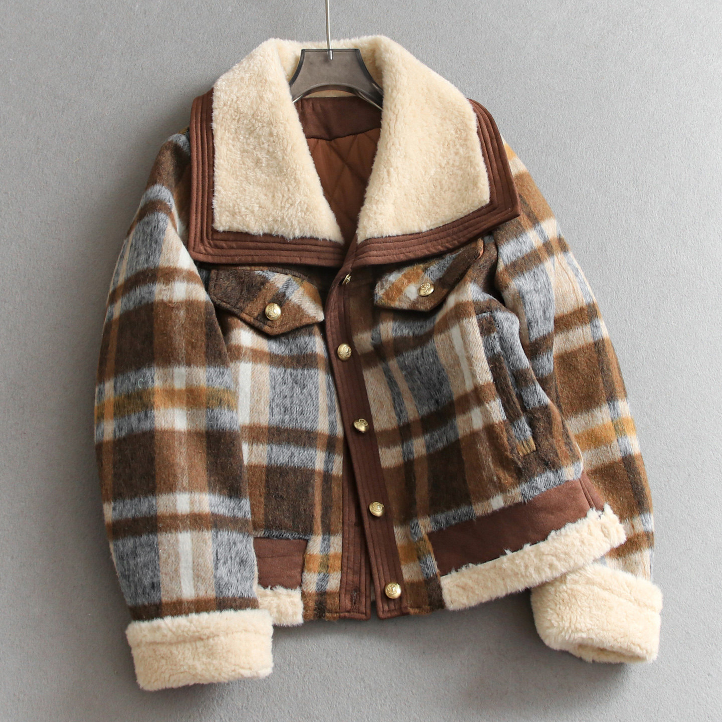撞色毛绒翻领复古格纹夹棉外套女