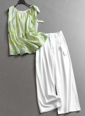 晕染宽松显瘦抽皱飘带无袖衬衫可配一整套穿搭阔腿裤女套装X994
