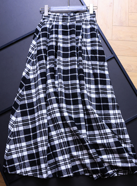 撞色黑白格高腰显瘦大摆裙2025秋季新款a字伞裙长裙半身裙女B116