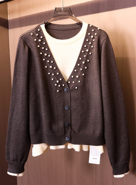 灰色钉珠设计感假两件软糯圆领针织衫2025秋季新款长袖女毛衣V700