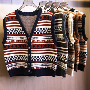 复古提花宽松显瘦纽扣开襟毛衣背心2025秋季 针织马夹女B917 新款