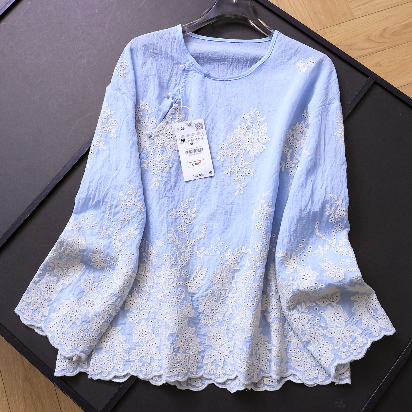 新中式国风镂空刺绣宽松花边斜襟圆领2025秋季新款长袖女衬衫B834