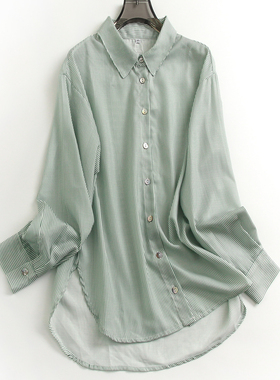 条纹宽松慵懒显瘦翻领纽扣开衫外搭长袖防晒衣秋季新款女衬衫D704