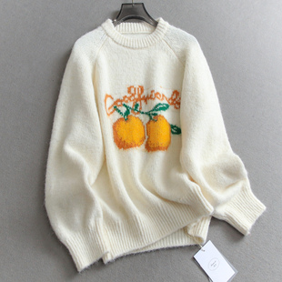 撞色水果甜橙提花软糯慵懒减龄毛衣圆领长袖 M982 宽松加厚女针织衫