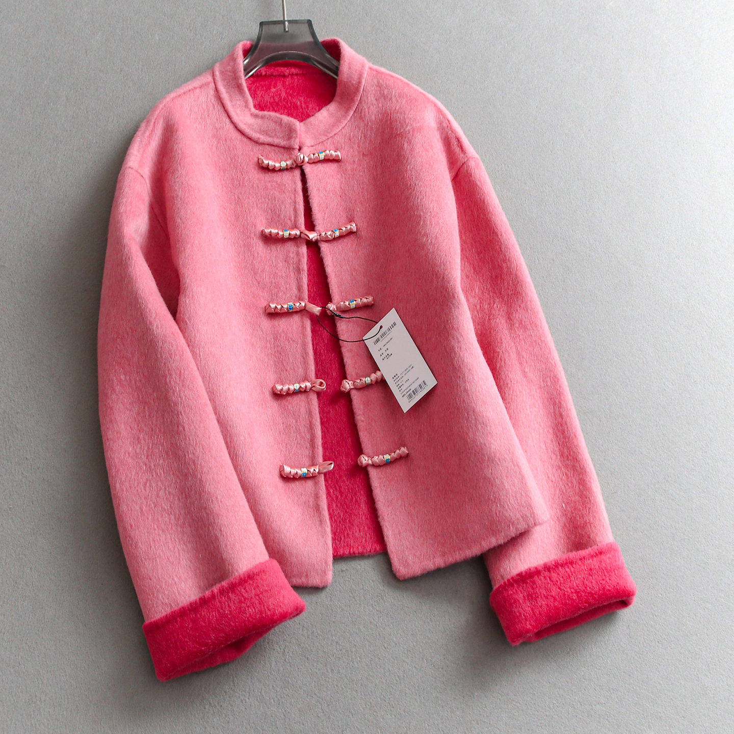 唐装风盘扣圆领双面呢羊毛大衣女