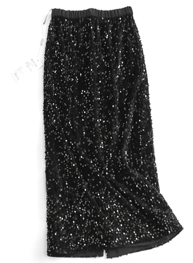 V117丝绒亮片半身裙女春秋新款黑色闪闪半裙长裙直筒开叉显瘦裙子