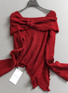 立体钩花一字领不规则下摆弹力修身木耳边毛衣长袖女装针织衫N847