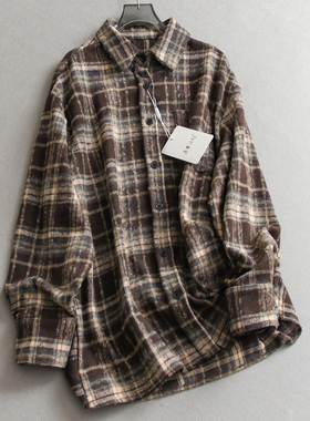 撞色格纹宽松廓形中长款加厚磨毛外套2025冬季新款长袖女衬衫M043