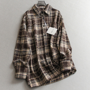 女衬衫 撞色格纹宽松廓形中长款 长袖 新款 M043 加厚磨毛外套2025冬季