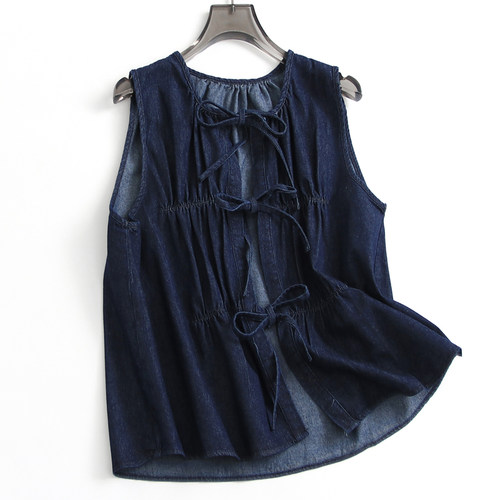 系带叠穿外套森系减龄女牛仔马甲