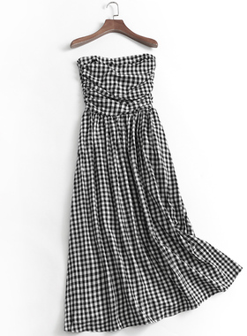 K263夏季2023新款复古高腰格子抹胸裙气质中长款显瘦A字连衣裙女
