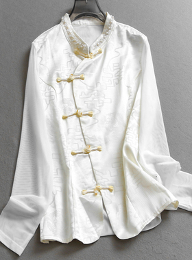 提花复古盘扣串珠立领新中式国风网纱长袖夏季新款通勤女衬衫X327