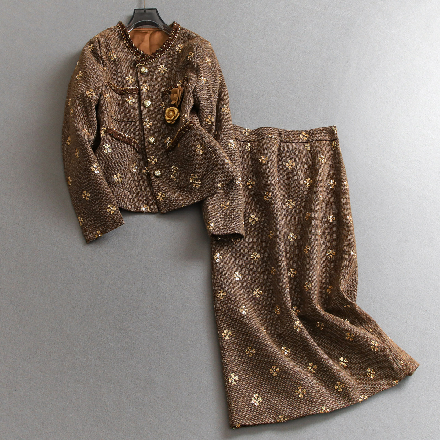 法式小香风立体花朵亮片装饰夹棉外套短裤半身裙一整套套装女N720,女装/女士精品,时尚套装,淘宝优惠券,粉丝福利购,淘宝优惠卷