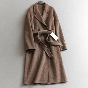 大衣毛呢外套女M710 领双排扣腰带收腰双面呢羊毛混纺长款 韩版 西装